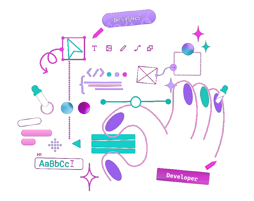 Penpot UI UX design artwork with cursor, typography, UI controls, and creative drawing tools