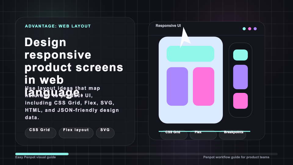 Penpot promotional image about responsive UI design with CSS Grid and Flex concepts